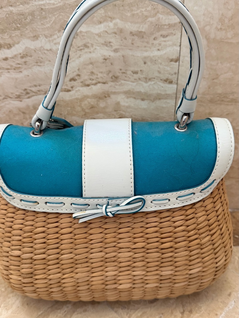 coach Y2K vintage SUMMER straw leather PURSE Teal and White Woven Top-Handle - Picture 12 of 16